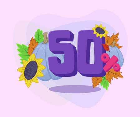Fifty percent special offer vector illustration. Blue pumpkins, autumn leaves and sunflowers on abstract background. Sale, shopping, autumn, discount concept. Can be used for poster or banner designのイラスト素材