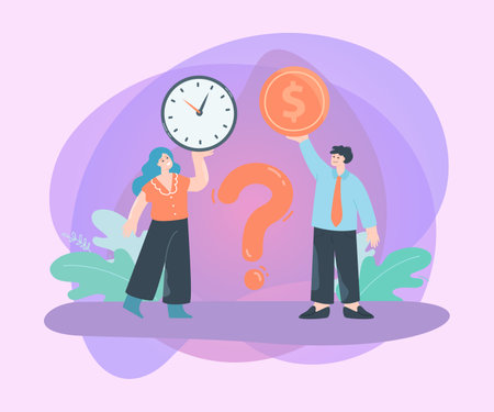 Male and female employees holding clock and gold coin. Man and woman comparing money to time flat vector illustration. Finances, investment, time management concept for banner or landing web pageのイラスト素材