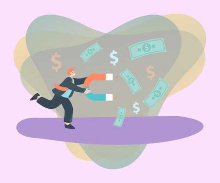 Businessman attracting falling dollar bills with magnet. Office worker getting salary or profit flat vector illustration. Success, economy, finances, income concept for banner or landing web pageのイラスト素材
