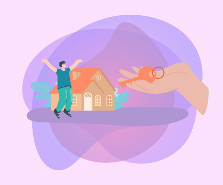 Huge human hand giving key to happy man in front of house. Male character buying house or taking out mortgage loan flat vector illustration. Property, real estate concept for banner or landing pageのイラスト素材
