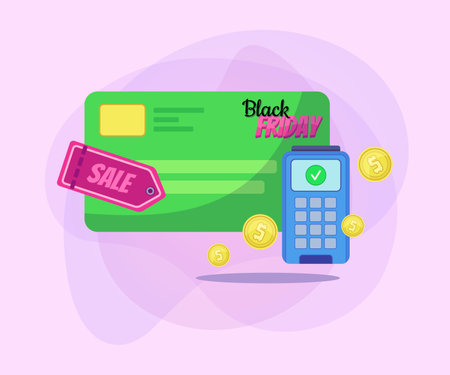 Credit card, sale tag, payment terminal and coins vector illustration. Black Friday lettering. Promotion, shopping, finance, discount, advertising concept. Can be used for poster or banner designのイラスト素材