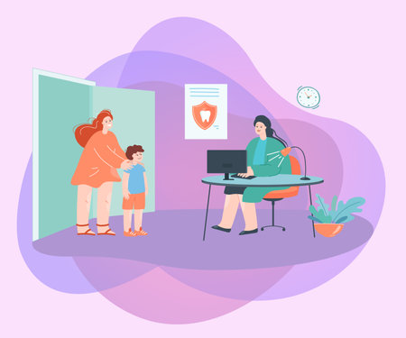 Cartoon mother bringing son to dentist office. Woman and boy at consultation with dental professional flat vector illustration. Medicine, dentistry concept for banner, website design or landing pageのイラスト素材