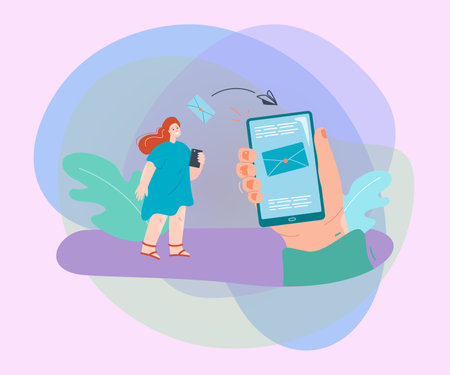 Hand holding smartphone with message sent by happy woman. Colleague or friend sending letter via mobile app flat vector illustration. Communication, e-mail concept for banner or landing web pageのイラスト素材