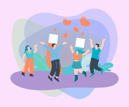 Happy young people with big attracting magnetizing hearts. Employees or friends using marketing strategy flat vector illustration. Social media, advertising, love concept for banner or landing web pageのイラスト素材