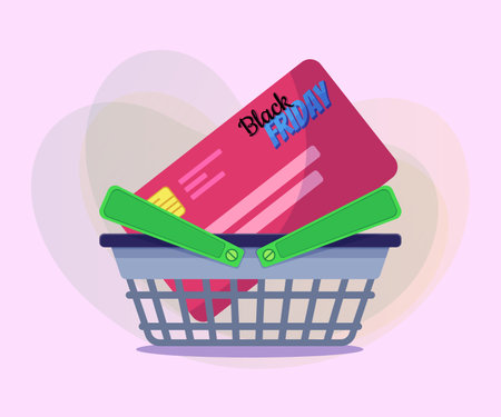 Credit card with Black Friday lettering in shopping basket. Sale, shopping, finance, promotion, advertising concept. Vector illustration can be used for poster or banner designのイラスト素材