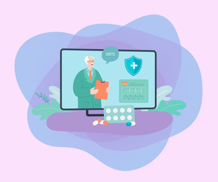 Elderly doctor on computer screen and pills. Pharmacist with heart rate, blister pack flat vector illustration. Healthcare, medication, pharmacy concept for banner, website design or landing web pageのイラスト素材