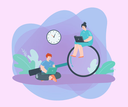 Man and woman searching for information on Internet via laptops. Worker with laptop sitting on magnifying glass flat vector illustration. Search, information, internet, technology concept for bannerのイラスト素材