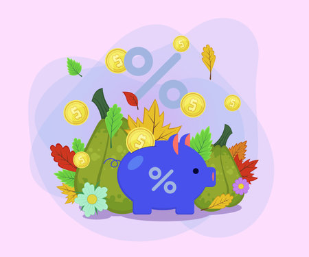 Piggy bank with percent mark vector illustration. Gold coins, autumn leaves and pumpkins on abstract background. Savings, income, autumn, finance, promotion concept. Can be used for banner designのイラスト素材