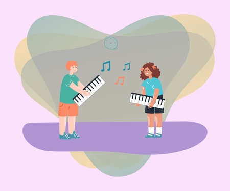 Cute children singing and portable playing keyboards. Boy and girl learning musical instruments flat vector illustration. Childhood, entertainment, music, hobby concept for banner, website designのイラスト素材