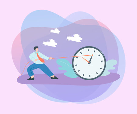 Businessman pulling hand of big clock with rope. Office worker changing or stopping time flat vector illustration. Time management or deadline, efficiency concept for banner or landing web pageのイラスト素材