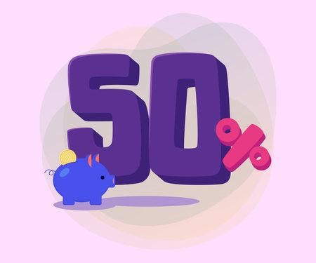 Fifty percent discount and little piggy bank vector illustration. Sale, shopping, finance, banking, discount, savings, advertising concept. Can be used for poster or banner designのイラスト素材