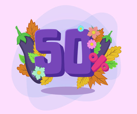 Fifty percent discount vector illustration. Eggplants, autumn leaves and flowers on abstract background. Sale, shopping, loyalty program, autumn concept. Can be used for poster or banner designのイラスト素材