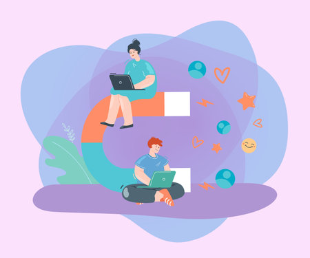 Content creators with laptops and magnet attracting followers. Freelance workers using marketing strategies on social media flat vector illustration. Creativity, communication concept for bannerのイラスト素材