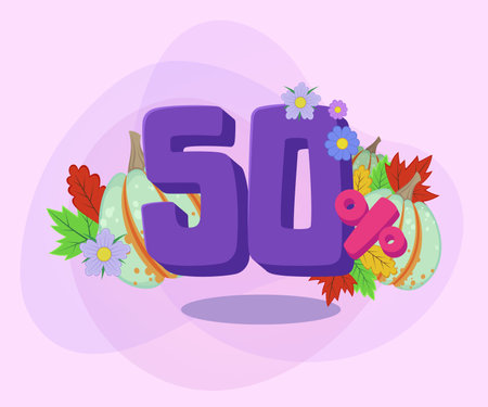 Sale announcement about fifty percent discount vector illustration. Pumpkins, autumn leaves and flowers on abstract background. Shopping, autumn, special offer concept. Can be used for banner designのイラスト素材