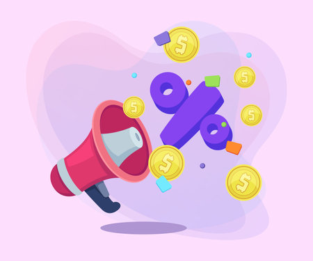 Megaphone flat vector illustration. Percentage and gold coins on background. Sale, shopping, advertising, money, discount concept. Can be used for poster or banner designのイラスト素材