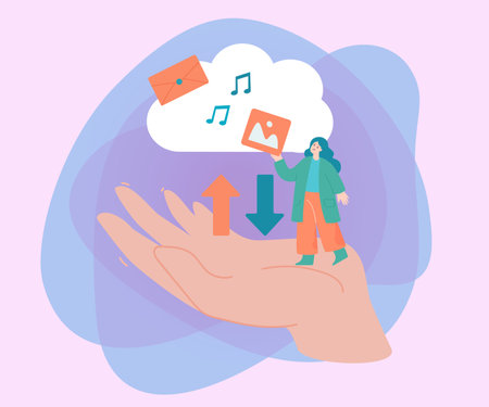 Huge hand holding tiny woman with files on cloud. Office worker downloading or uploading photos, music flat vector illustration. Technology, storage, internet concept for banner or landing web pageのイラスト素材