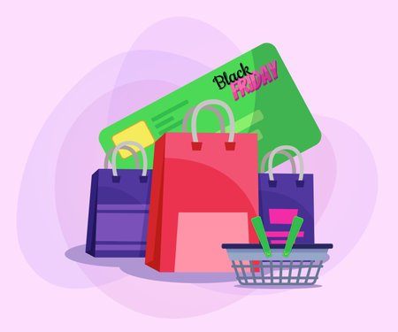 Shopping and basket. Credit card with Black Friday lettering. Shopping, sale, advertising concept. Vector illustration can be used for poster or banner designのイラスト素材
