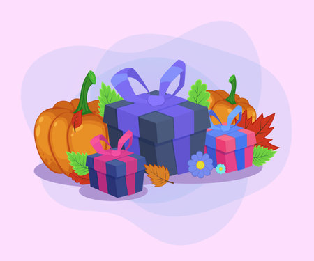 Gift boxes vector illustration. Pumpkins, autumn leaves and flowers on abstract background. Sale, shopping, loyalty program, autumn, advertising concept. Can be used for poster or banner designのイラスト素材