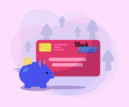 Piggy bank with gold coin vector illustration. Credit card with Black Friday lettering. Savings, money, banking, finance, income increase concept. Can be used for poster or banner designのイラスト素材