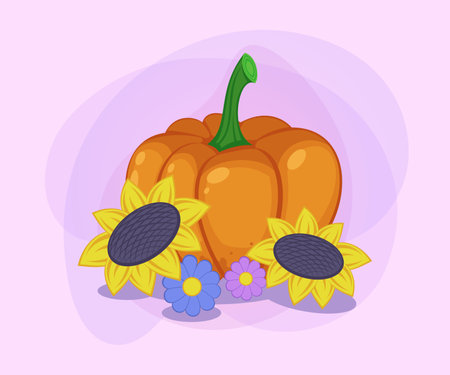 Pumpkin and sunflowers vector illustration. Cartoon drawings for poster or banner design. Nature, vegetables, autumn or fall, harvest, Thanksgiving day conceptのイラスト素材
