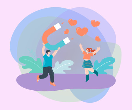 Man attracting hearts with magnet and happy woman. Male character attracting female flat vector illustration. Love, romance, relationship concept for banner, website design or landing web pageのイラスト素材