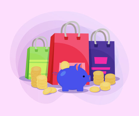 Shopping bags and piggy bank with gold coins vector illustration on abstract background. Shopping, finance, sale, banking, savings, advertising concept. Can be used for poster or banner designのイラスト素材