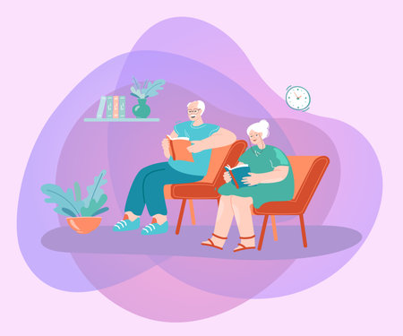 Elderly couple reading books at home or in library. Old cartoon man and woman sitting in chairs with novels flat vector illustration. Retirement, leisure, literature concept for banner, website designのイラスト素材