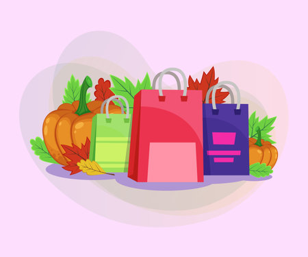 Shopping vector bags illustration. Pumpkins and autumn leaves on abstract background. Sale, shopping, autumn, advertising concept. Can be used for poster or banner designのイラスト素材