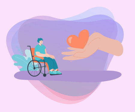 Huge hand giving comic red heart to man in wheelchair. Person offering care to character with physical disability flat vector illustration. Disability, healthcare, charity concept for bannerのイラスト素材
