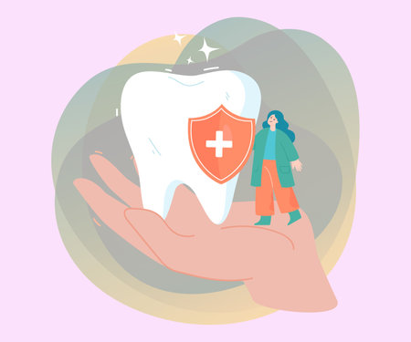 Huge human hand holding dentist and big tooth. Medical professional next to healthy tooth flat vector illustration. Healthcare, dentistry concept for banner, website design or landing web pageのイラスト素材