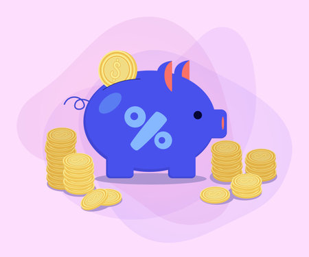 Piggy bank with golden coins vector illustration on abstract background. Savings, money, banking, finance, income increase concept. Can be used for poster or banner designのイラスト素材