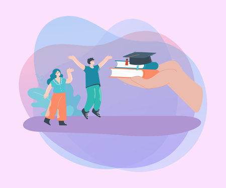Huge hand giving books and graduation hat to students. Happy man and woman getting knowledge from university or college flat vector illustration. Education concept for banner or landing web pageのイラスト素材