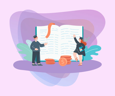 Graduate business students with gold coins and big book. Financial literacy, career for students flat vector illustration. Education, graduation, finances concept for banner or landing web pageのイラスト素材