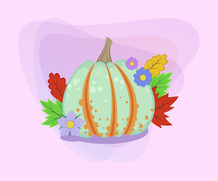 Huge pumpkin with autumn leaves and flowers vector illustration. Cartoon drawings for poster or banner design. Nature, vegetables, autumn or fall, harvest, Thanksgiving day conceptのイラスト素材