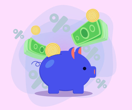 Piggy bank with dollar banknotes and coins vector illustration. Percentage marks on abstract background. Savings, money, finance, income increase concept. Can be used for poster or banner designのイラスト素材