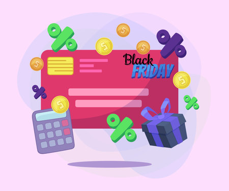 Percentage marks, gold coins, calculator, gift box. Credit card with Black Friday lettering. Shopping, finance, sale, discount, advertising concept. Vector illustration can be used for banner designのイラスト素材