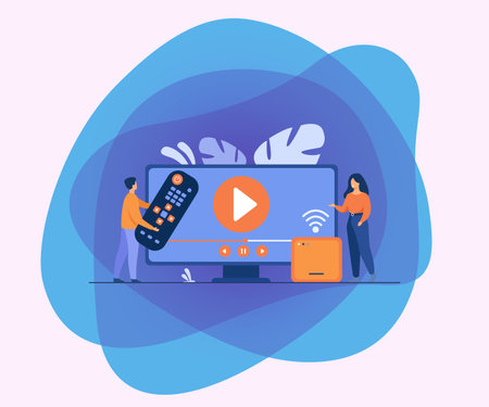 Vector illustration for movie watching, home entertainment concept. Tiny couple watching video on...