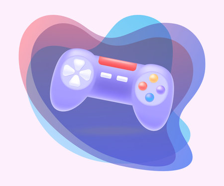 Purple gamepad with buttons for gamers 3D icon. Equipment for remote control and video games on...