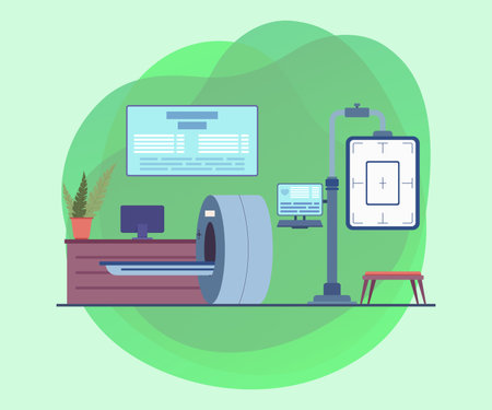 Hospital interior with magnetic resonance tomography equipment. Vector illustration with medical diagnostic tools. Musculoskeletal health, tomography, treatment conceptのイラスト素材