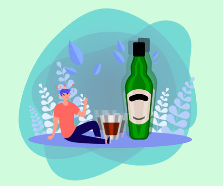 Huge bottle of alcohol and man feeling dizzy. Flat vector illustration. Shot glass, beverage. Vertigo, hangover, aftereffects of drunkenness conceptのイラスト素材