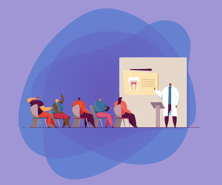Dentists conference vector illustration. Doctor speaking before audience, giving lecture or seminar to college students in classroom. For lecture, workshop, dentistry, education conceptのイラスト素材
