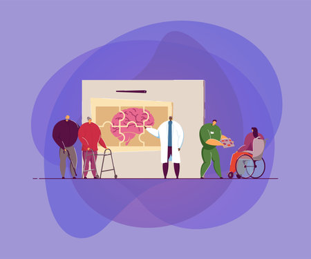 Doctors or scientists studying patients with Alzheimer brain disease. Vector illustration for neurology therapy, memory loss, treatment, medical rehabilitation conceptのイラスト素材