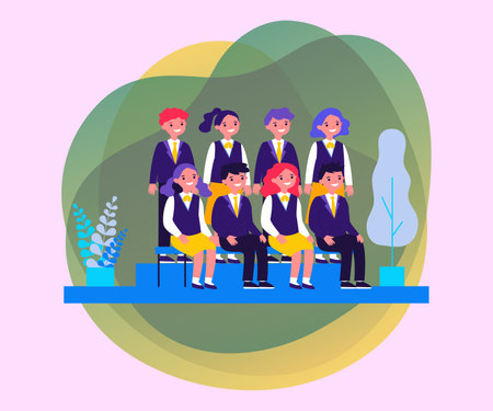 Happy students posing for photo in classroom. Cheerful teen girls and guys in school uniforms sitting and standing at blackboard. Vector illustration for photography, classmates, education conceptのイラスト素材