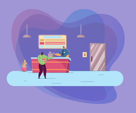 Cinema worker and woman at counter. Flat vector illustration. Girl with popcorn buying ticket by cashier, holding 3D glasses for watching movie. Entertainment, theater, advertising, art conceptのイラスト素材