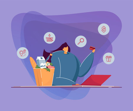 Happy woman with laptop ordering food. Female with credit card in hand shopping online flat vector illustration. Ecommerce, online food delivery concept for banner, website design or landing web pageのイラスト素材