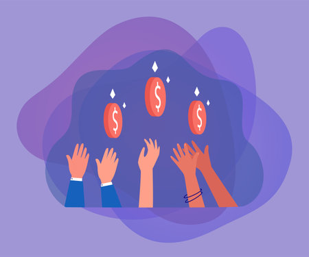Diverse hands reaching for gold coins. People getting financial help or investment flat vector illustration. Finances, economy, wealth concept for banner, website design or landing web pageのイラスト素材