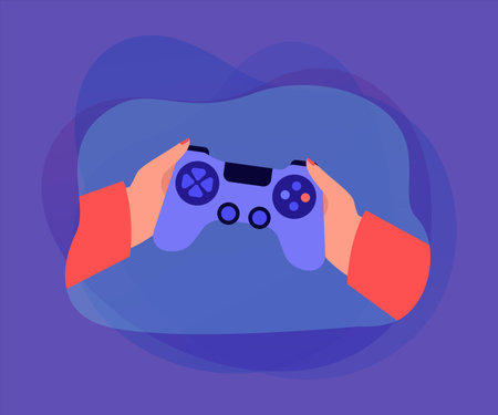 Gamers hands holding gamepad to play video game. Person with remote console gaming online flat...
