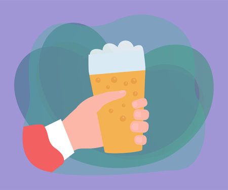 Hand of cartoon person holding glass of beer. Character with alcoholic drink or beverage flat vector illustration. Alcohol, addiction, health concept for banner, website design or landing web pageのイラスト素材