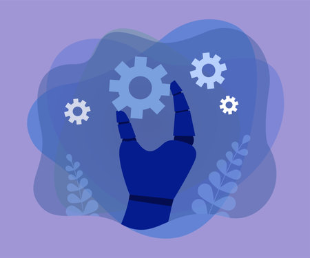 Robotic hand holding gear. Hand of robot or machine cogwheel flat vector illustration. Technology, automation, artificial intelligence concept for banner, website design or landing web pageのイラスト素材