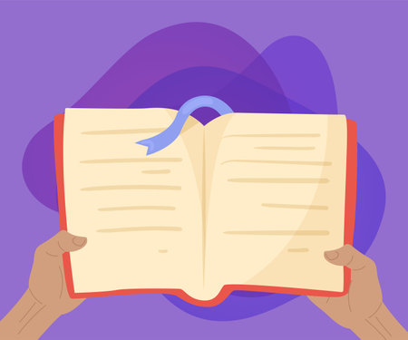 Hands holding open book with bookmark vector illustration. Cartoon drawing of person or student with textbook or manual on purple background. Information, literature, education conceptのイラスト素材